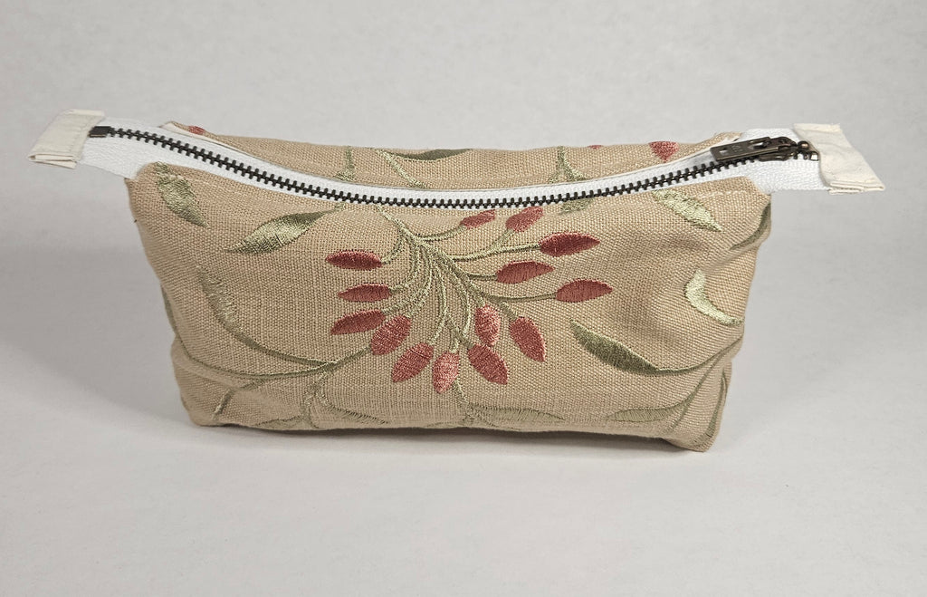 Handmade Up-Cycled, Lined, Zipper Pouch. Peach Floral Fabric.