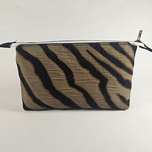 Handmade Up-Cycled, Lined, Zipper Pouch. Black and gold Zebra print