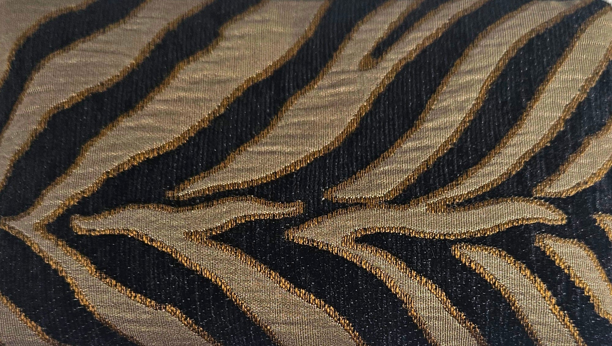 Handmade Up-Cycled, Lined, Zipper Pouch. Black and gold Zebra print